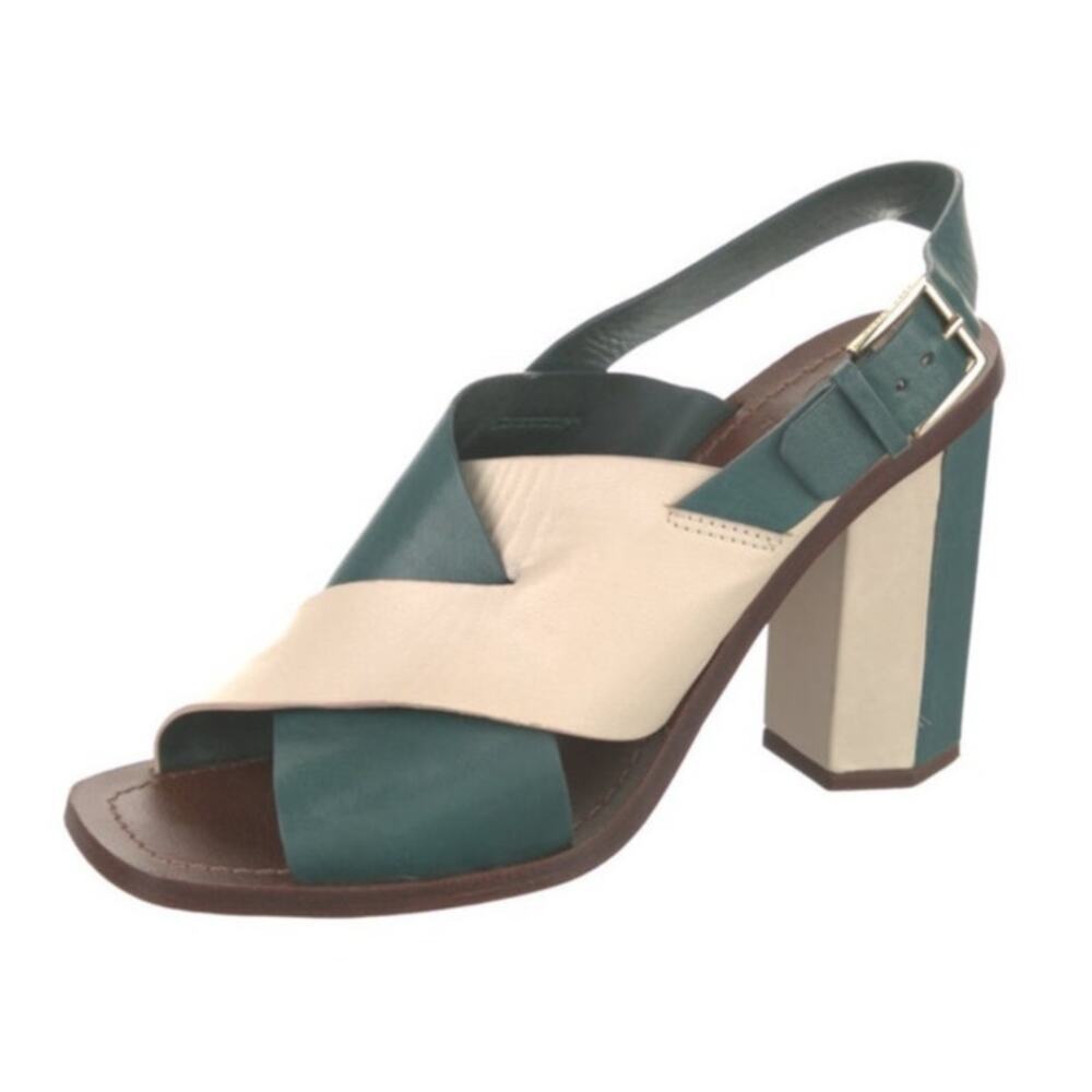 Tory Burch Green and Cream Leather Crossband Block Heel Sandals